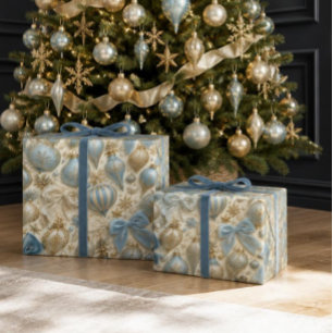 Luxury Baby Blue & Gold Vintage Christmas Ornament Wrapping Paper