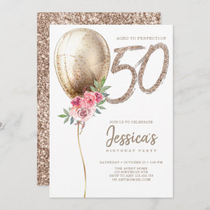 Luxury Balloon Beige Glitter 50th Birthday Invitation