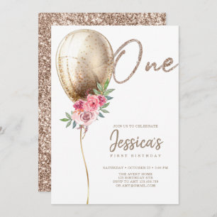 Luxury Balloon Glitter First Birthday Invitation