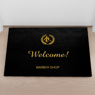 Luxury barber shop black leather look gold doormat