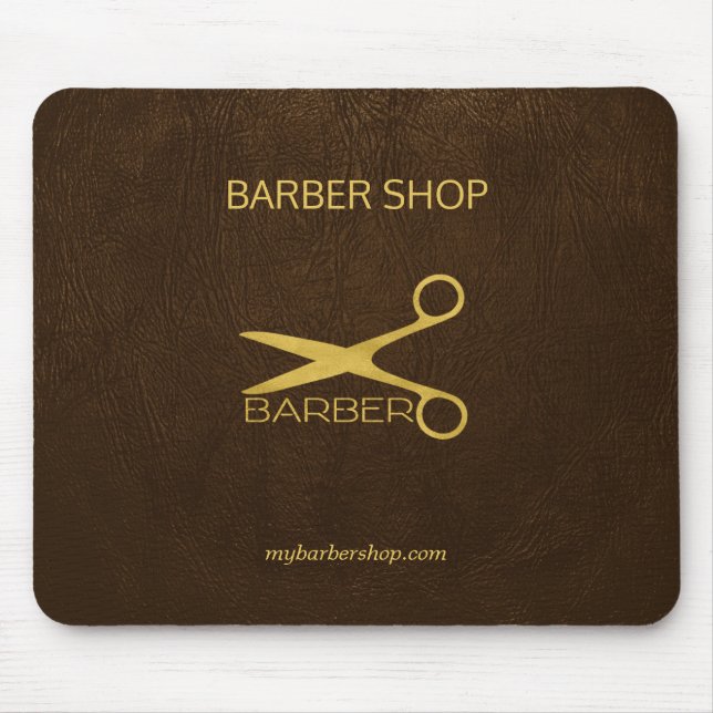 Luxury barber shop dark brown leather look gold mouse pad (Front)