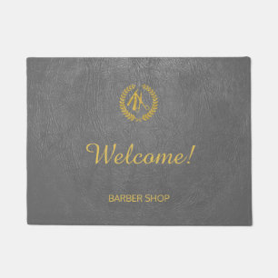 Luxury barber shop dark grey leather look gold doormat