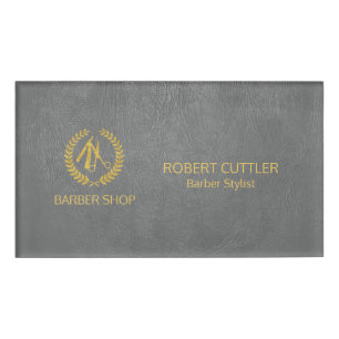 Luxury barber shop dark grey leather look gold name tag