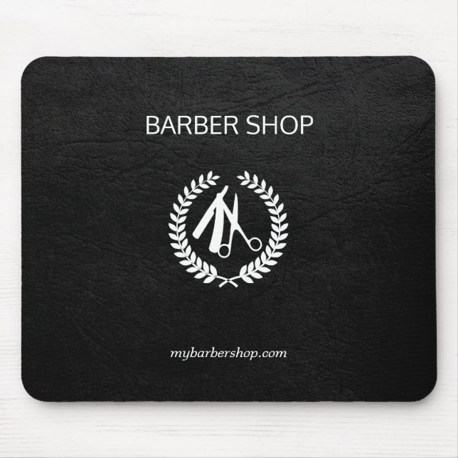 Luxury barber shop gold black leather look white mouse pad (Front)