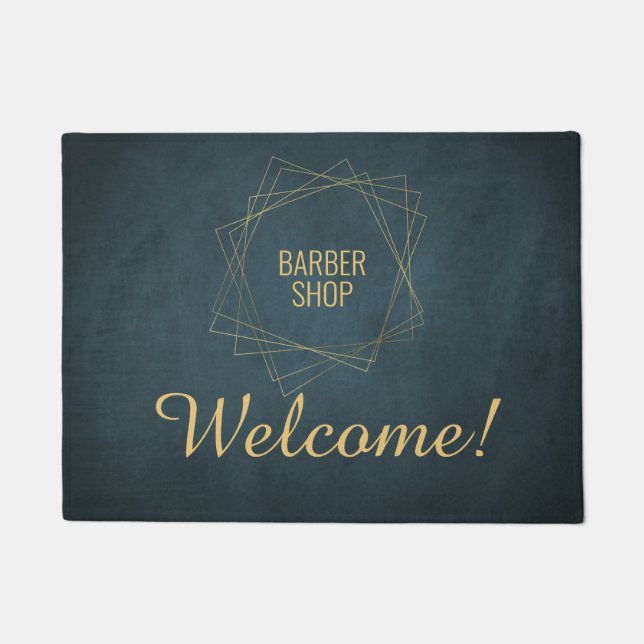 Luxury barber shop navy and gold welcome doormat (Front)