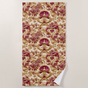 Luxury Baroque Floral Gold and Burgundy Beach Towel
