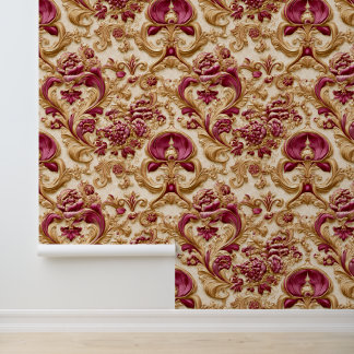Luxury Baroque Floral Gold and Burgundy Wallpaper