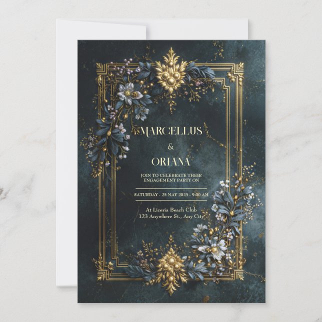 Luxury Baroque Gold Frame Dark Teal Floral Wedding Invitation (Front)