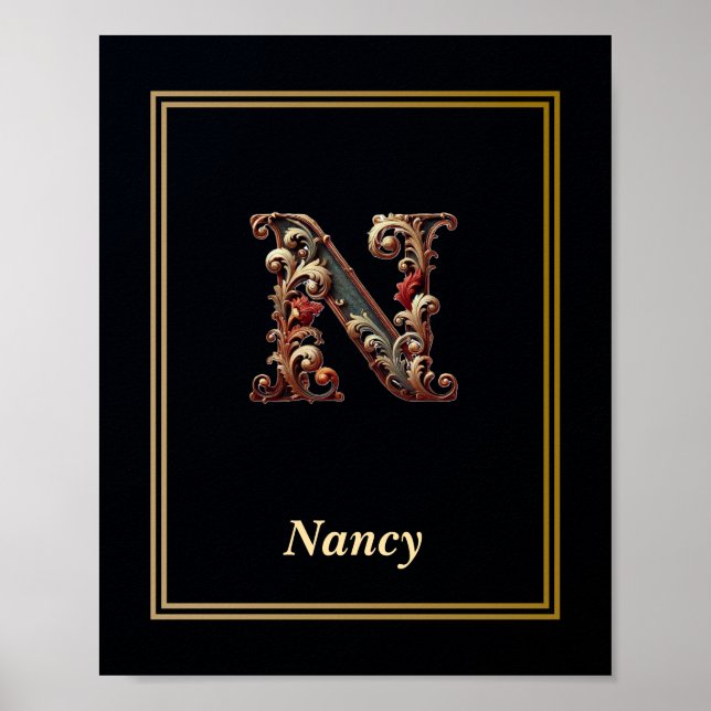 Luxury Baroque Letter N Monogram Poster  (Front)