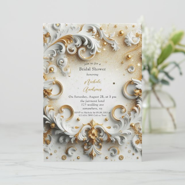 Luxury Baroque Style White Gold Bridal Shower Invitation (Standing Front)
