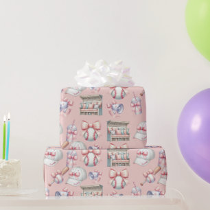 Luxury Baseball Girl Birthday Light Pink  Wrapping Paper
