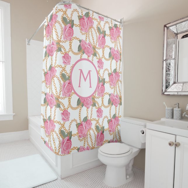 Luxury Bath Curtains - Luxe Chains Pink Roses (In Situ)