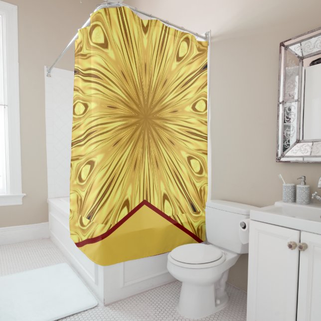 Luxury Bath Sanctuary: Gilded Zenith Opulent Swirl Shower Curtain (In Situ)