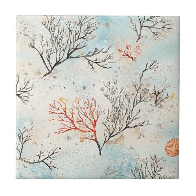 Luxury Beach Palette with Coral & Ocean Wave Ceramic Tile (Front)