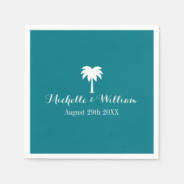 Luxury beach wedding napkins with palm tree logo (Front)