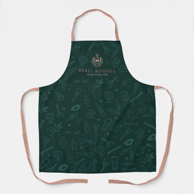 Luxury Beauty Charms Green & Pink Makeup Logo Apron (Front)