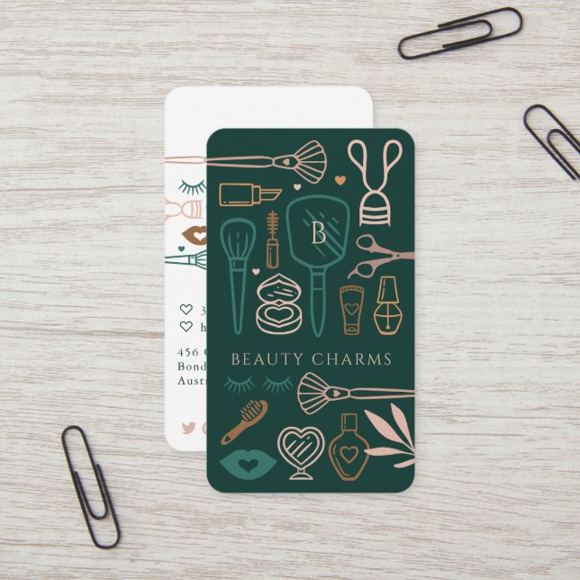 Luxury Beauty Charms Makeup Tools Emerald Green Business Card (Front/Back In Situ)