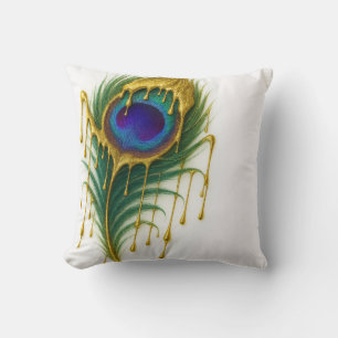 Luxury Beauty Gold Drip Glam Peacock Feather Cushion