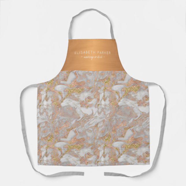 Luxury beauty salon grey marble gold employee name apron (Front)