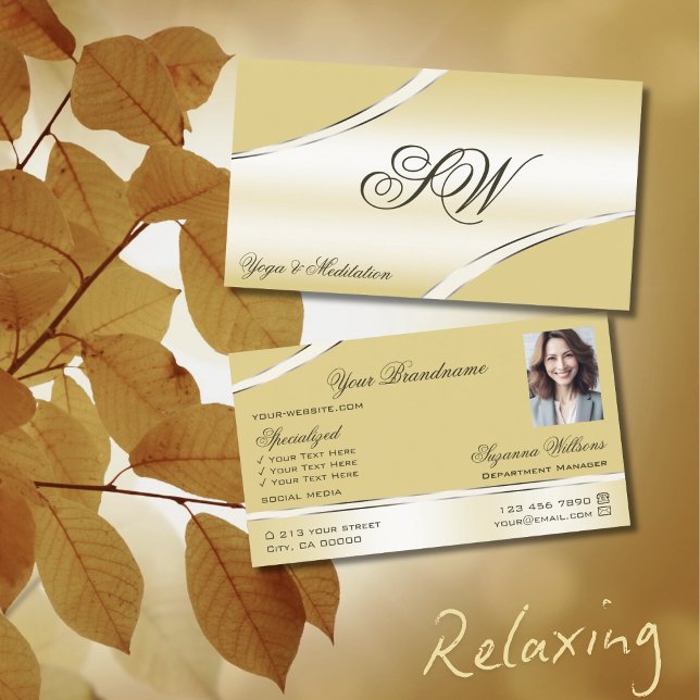 Luxury Beige Cream Curved Lines Monogram and Photo Business Card (Creator Uploaded)
