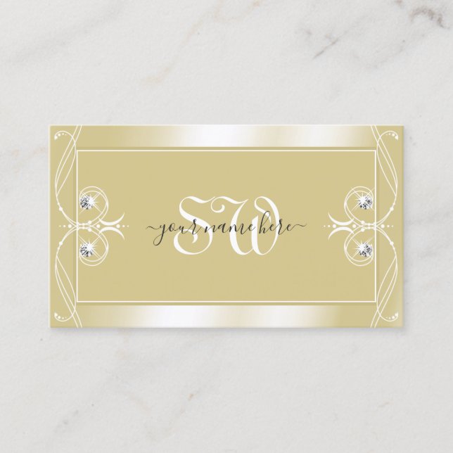 Luxury Beige Cream Sparkle Jewels Monogram Ornate Business Card (Front)