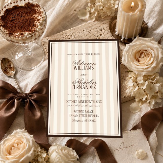 Luxury Beige Espresso Stripes Wedding Invitation (Creator Uploaded)