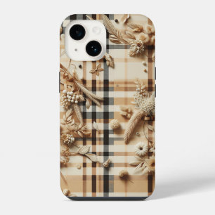 Luxury Beige Plaid Phone Case Carved Autumn Floral