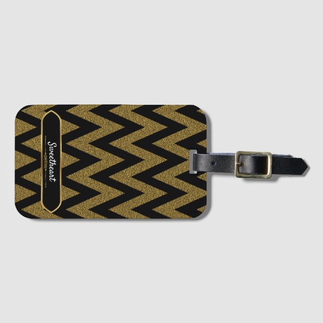Luxury Black And Gold Chevron Pattern Luggage Tag (Front Horizontal)