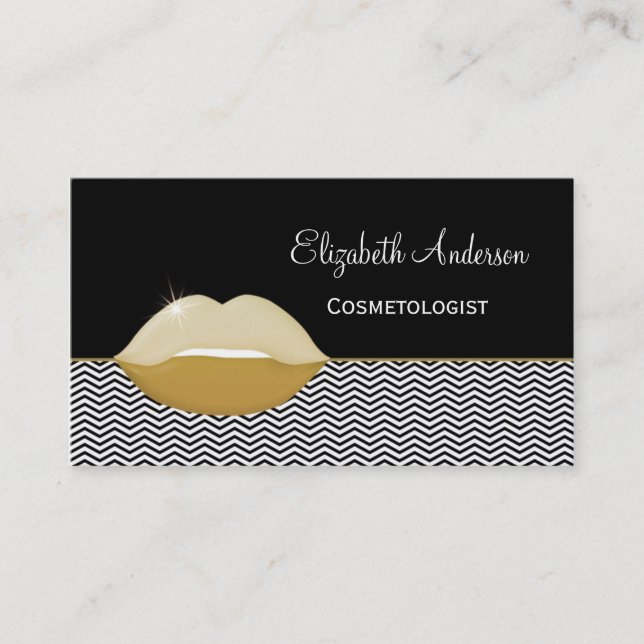 Luxury Black and Gold Chic Lips Cosmetologist Business Card (Front)