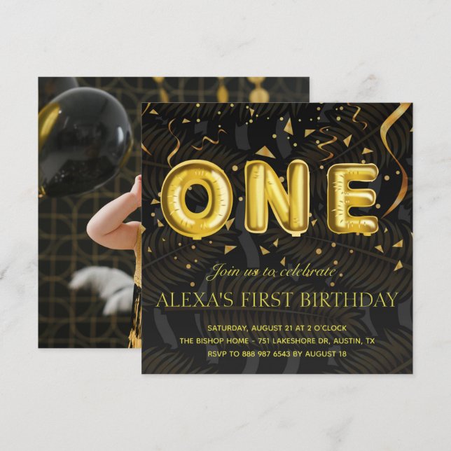 Luxury Black and Gold confetti Photo Birthday Invitation (Front/Back)