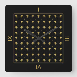 Luxury Black and Gold Damask Pattern With Numbers Square Wall Clock