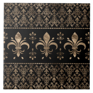 Luxury black and gold Fleur-de-lis ornament Ceramic Tile