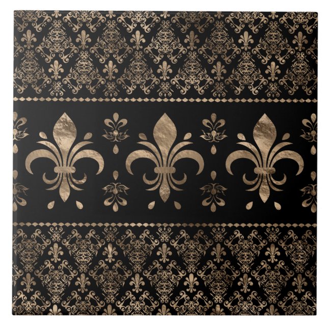 Luxury black and gold Fleur-de-lis ornament Ceramic Tile (Front)