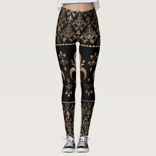 Luxury black and gold Fleur-de-lis ornament Leggings