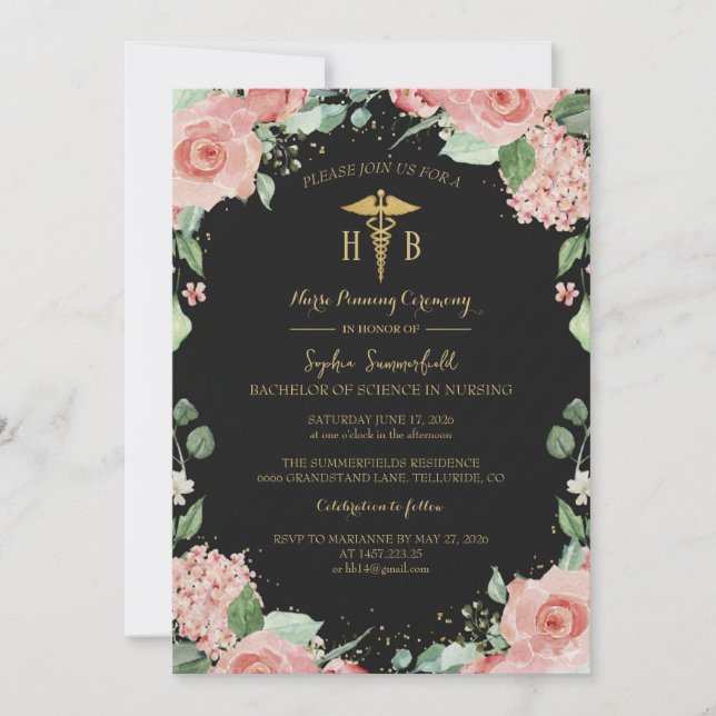 Luxury Black and Gold Floral Nursing Graduation In Invitation (Front)