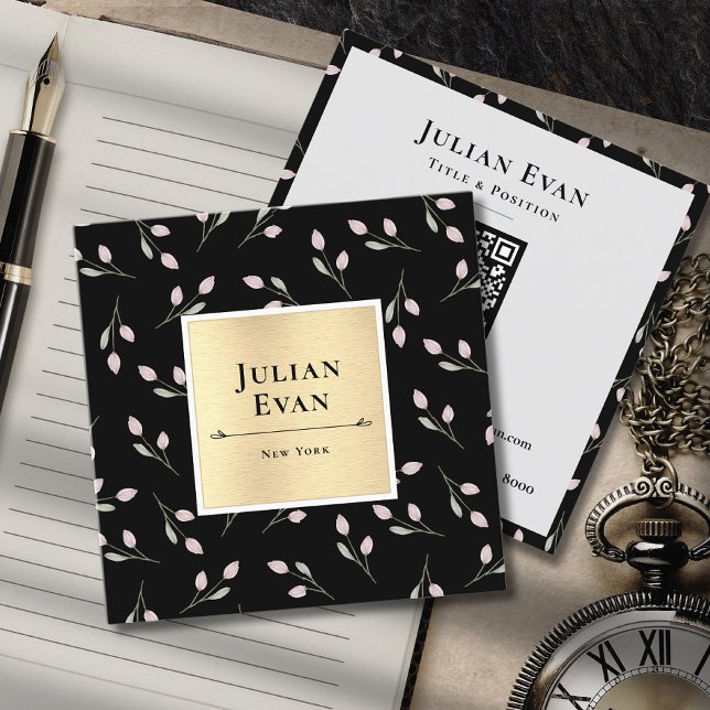 Luxury Black and Gold Flower Pattern Square Business Card (Creator Uploaded)