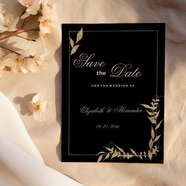 Luxury black and gold foliage Save the Date Invitation (Luxury black and gold foliage Save the Date)