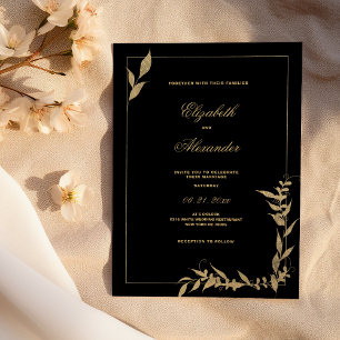 Luxury black and gold foliage Wedding  Invitation