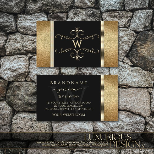 Luxury Black and Gold Glitter Ornamental Monogram  Business Card (Creator Uploaded)