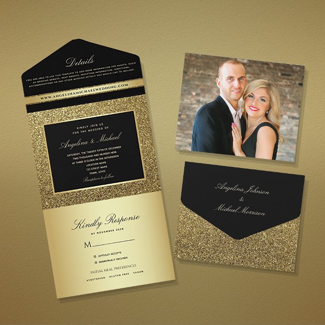 Luxury Black and Gold Glitter Wedding  All In One Invitation (Creator Uploaded)
