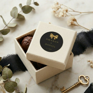 Luxury Black and Gold  Golden Bow Wedding  Classic Round Sticker