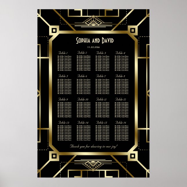 Luxury Black and Gold Great Gatsby Seating Chart (Front)