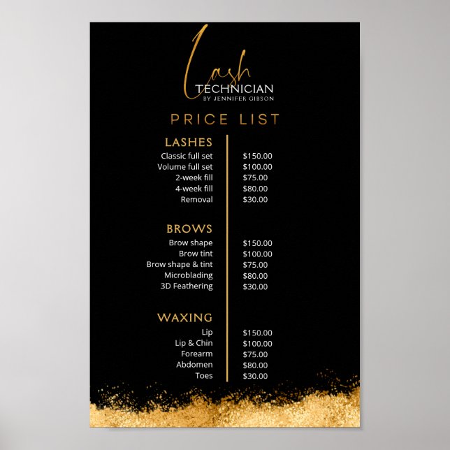 Luxury Black and Gold Lash Tech Price List  Poster (Front)