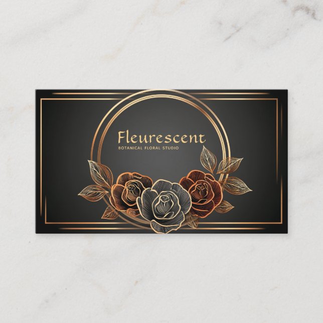 Luxury Black and Gold Line Art Rose Floral Business Card (Front)