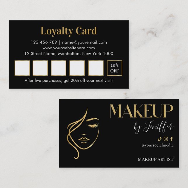 Luxury black and gold makeup artist Loyalty Card (Front/Back)
