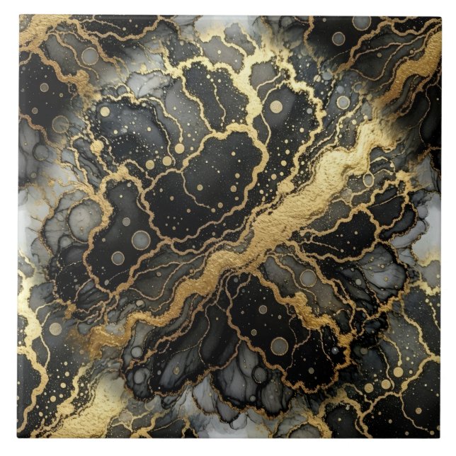 Luxury Black and Gold Marble Alcohol Ink Ceramic Tile (Front)