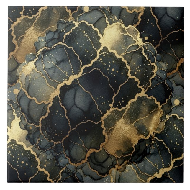 Luxury Black and Gold Marble Alcohol Ink Ceramic Tile (Front)