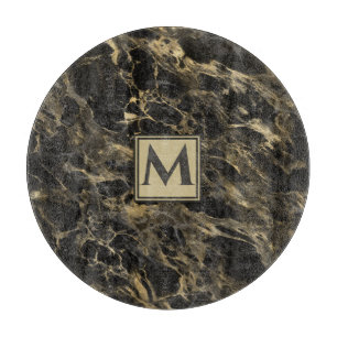 Luxury  Black and Gold  Marble   Monogram Cutting Board