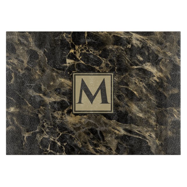 Luxury  Black and Gold  Marble | Monogram Cutting Board (Front)
