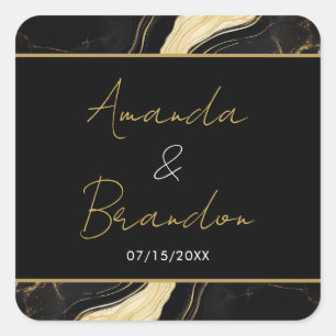 Luxury Black and Gold Marble Wedding Square Sticker